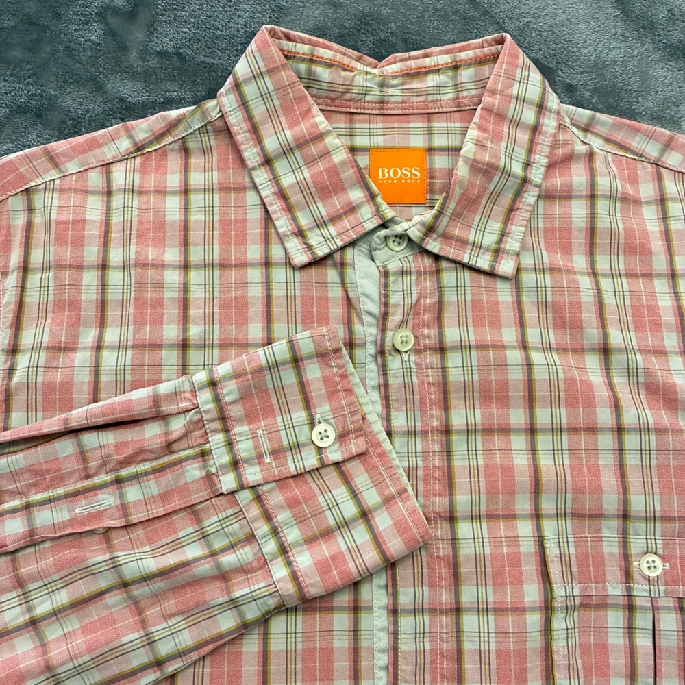 BOSS Hugo Boss‎ Orange Label Slim Fit Pink Plaid Button Down Shirt Men's Medium